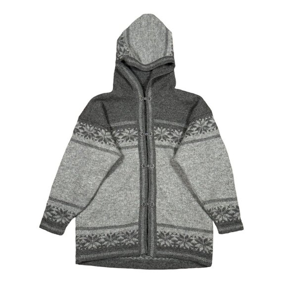 Vintage Fair Isle‎ Nordic Winter Gray Hooded Cardigan Wool Men's M or L (approx) - Picture 1 of 6